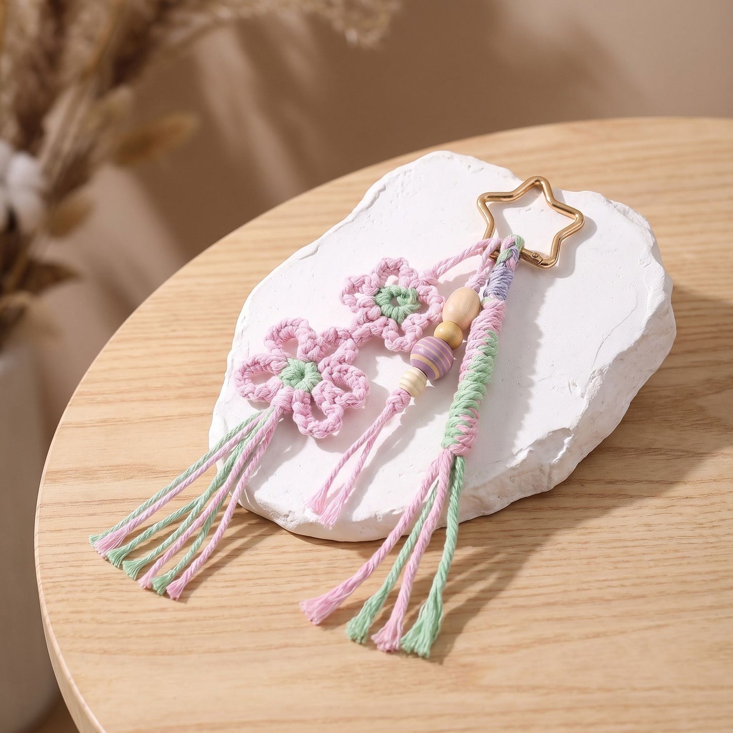 Pink Macrame Flower Bag Charm with Beads Braided Tassels and Star Clip