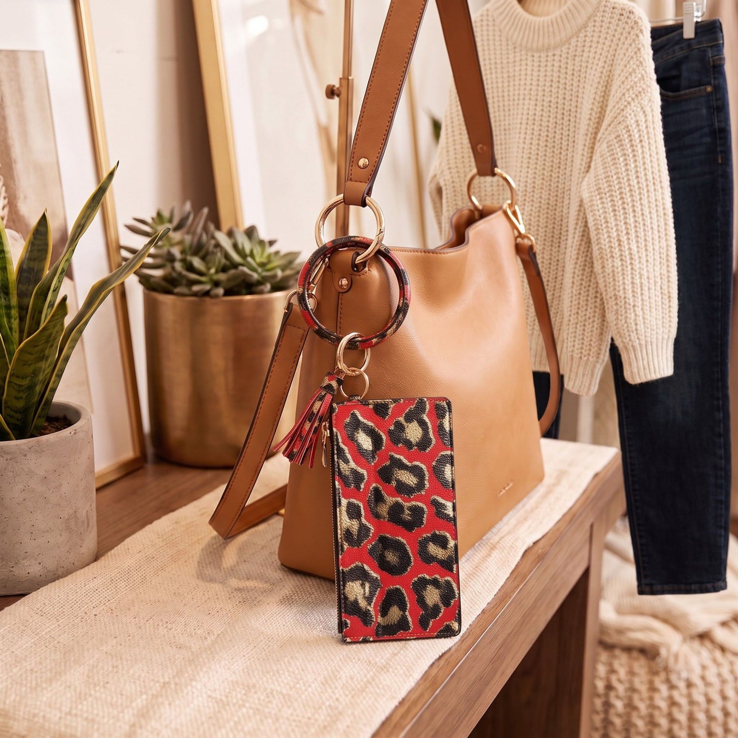 Leopard Print Zip Pouch with Bangle Wristlet and Tassel