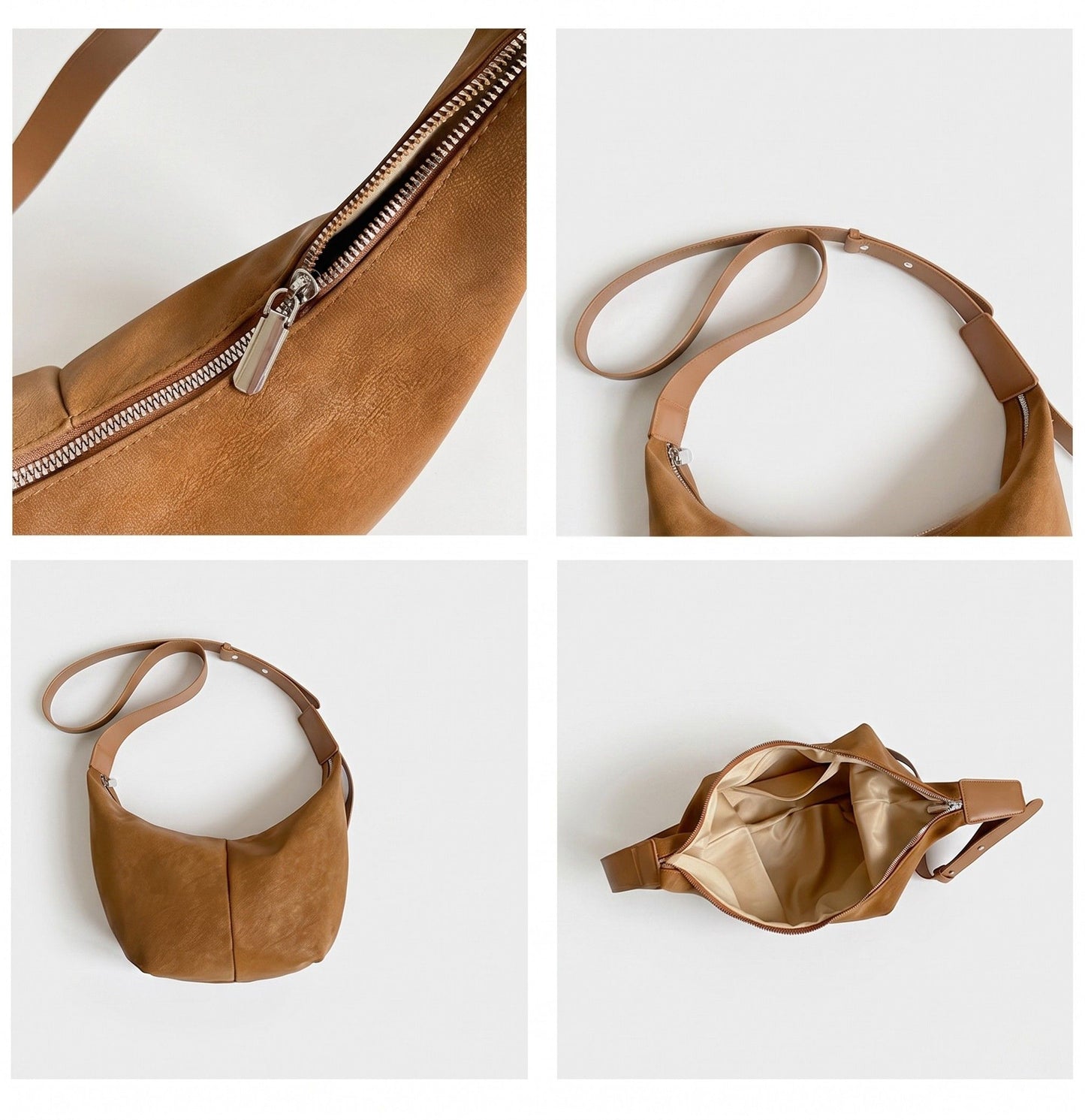 Soft Faux Leather Crescent Shoulder Bag Adjustable Strap Slouchy Everyday Crossbody Purse