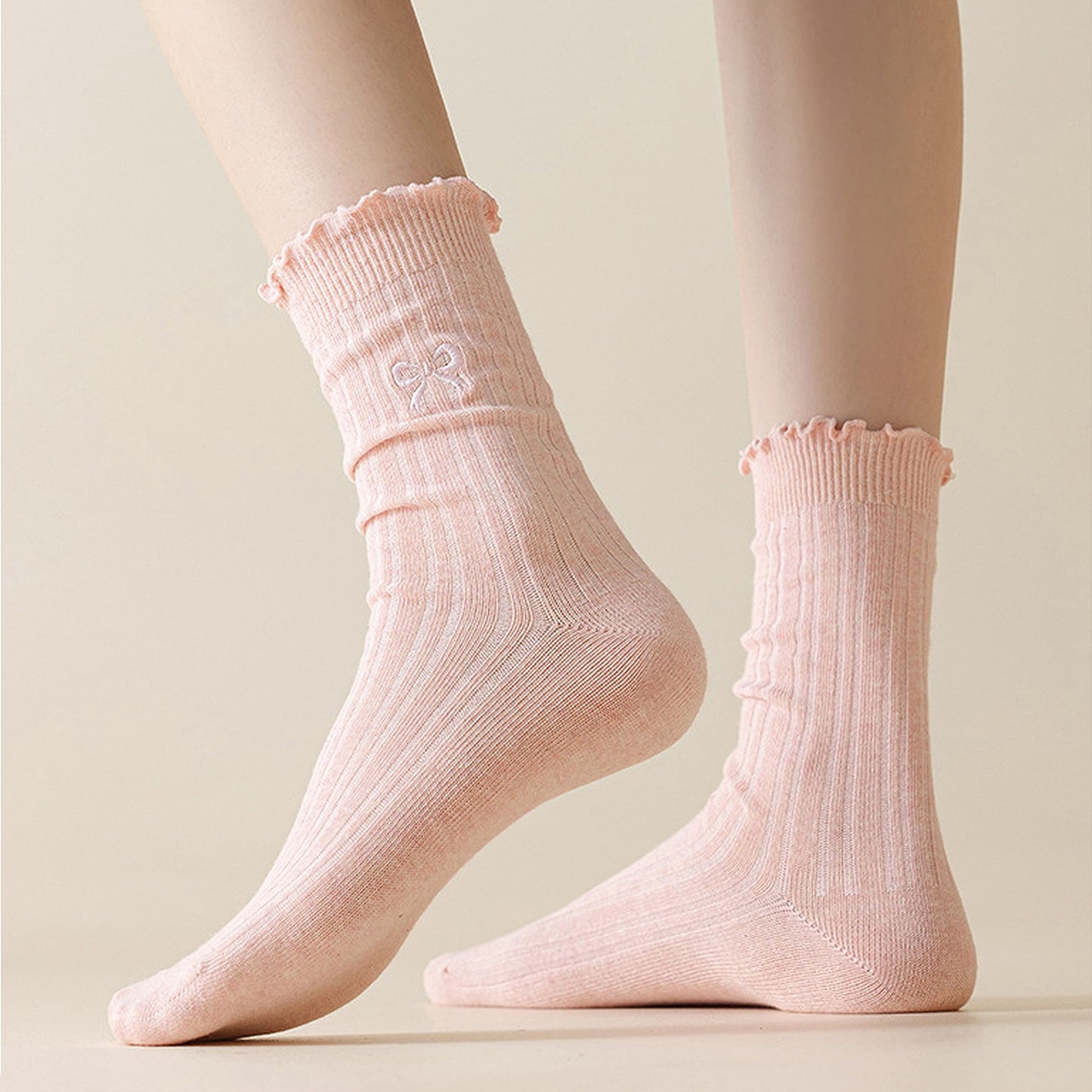 Summer Ribbed Ankle Socks with Bow Embroidery Casual 5Pk