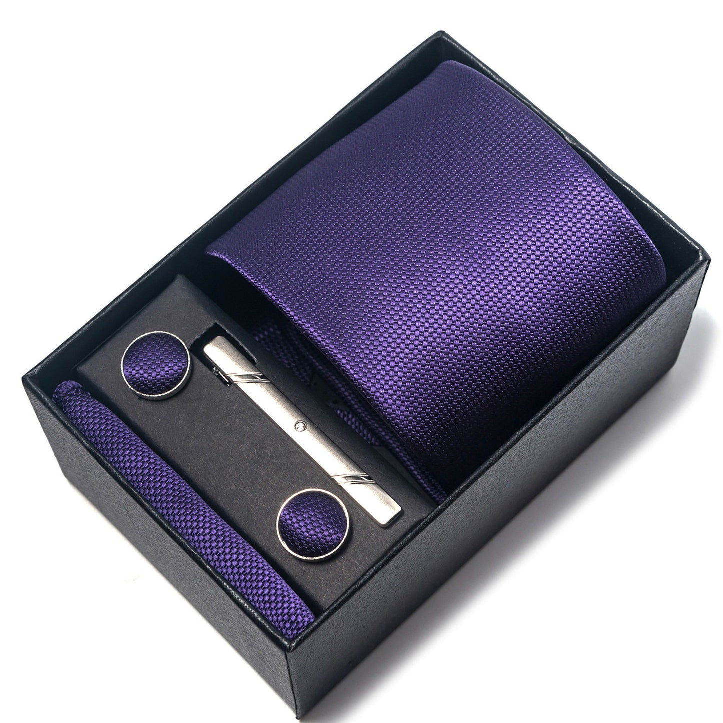 Men's Textured Solid Color Tie Gift Set with Matching Pocket Square Cufflinks and Silver Tie Clip