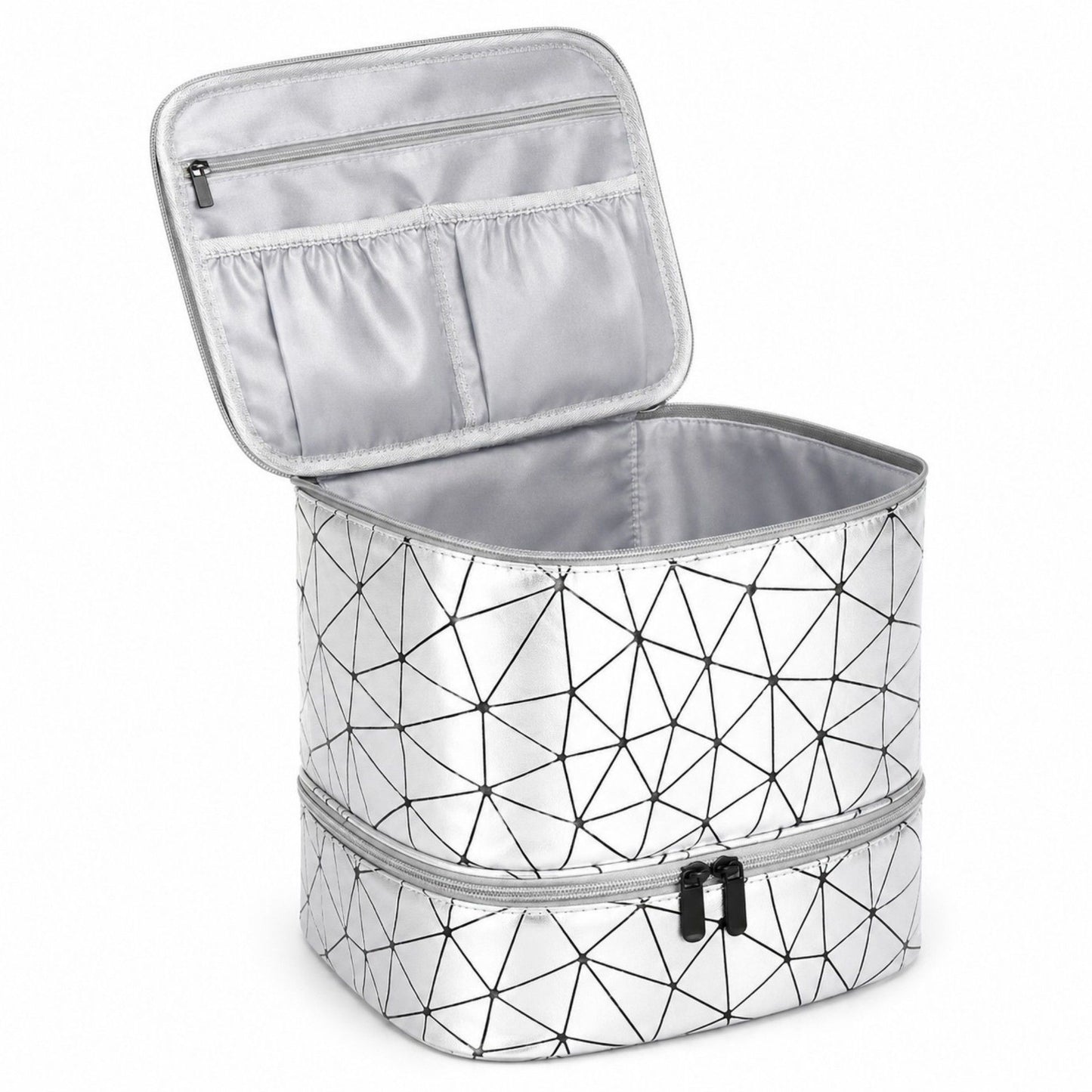 Two-Tier Cosmetic Organizer Bag with Geometric Print Dual Zippers Carry Handle and Interior Pockets