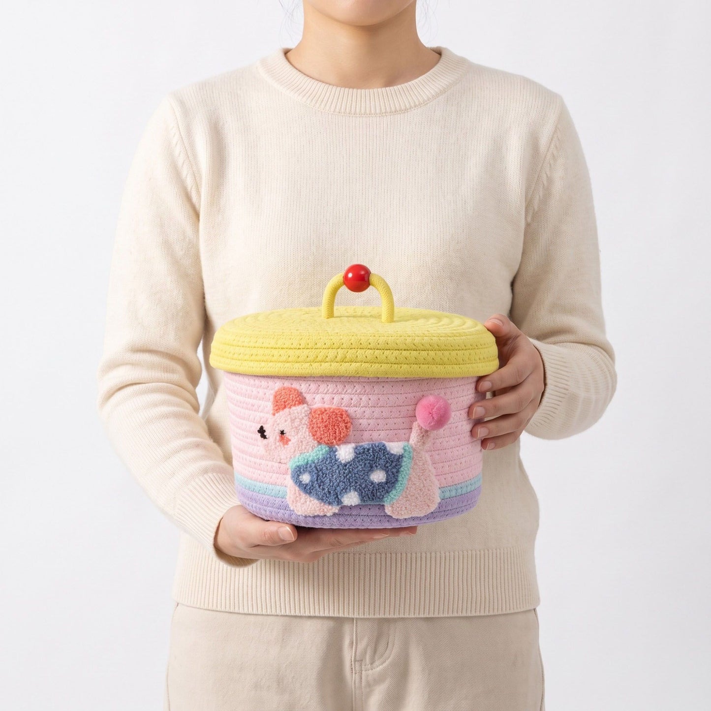 Animal Applique Woven Rope Storage Basket Lid Decorative Organizer Bin