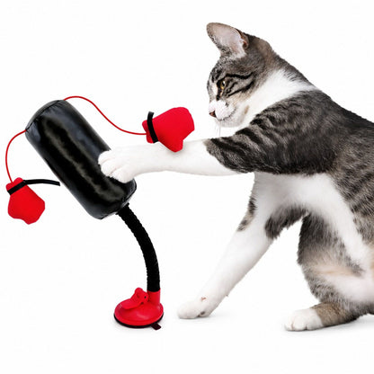 Interactive Cat Boxing Toy with Suction Cup Base, Spring Rebound Punching Bag and Hanging Gloves