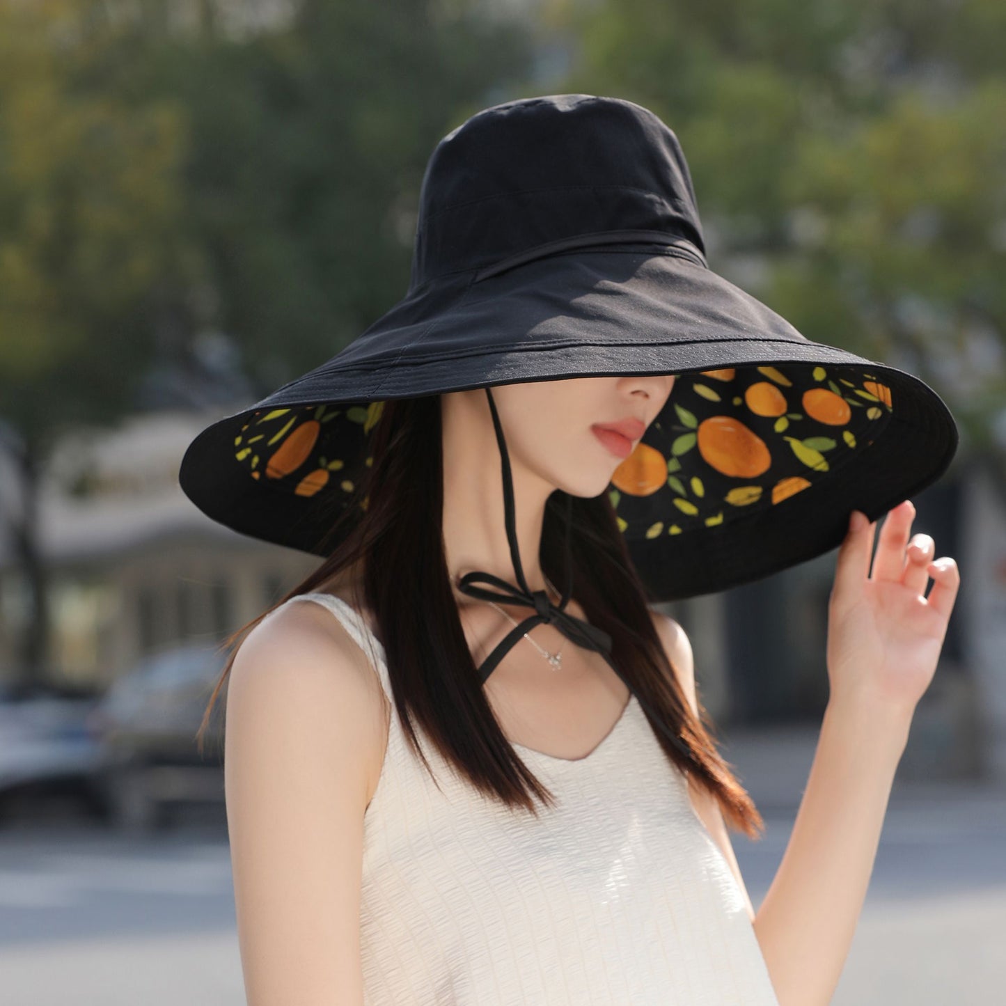 Women's Reversible Wide - Brim Sun Hat with Fruit Pattern Lining