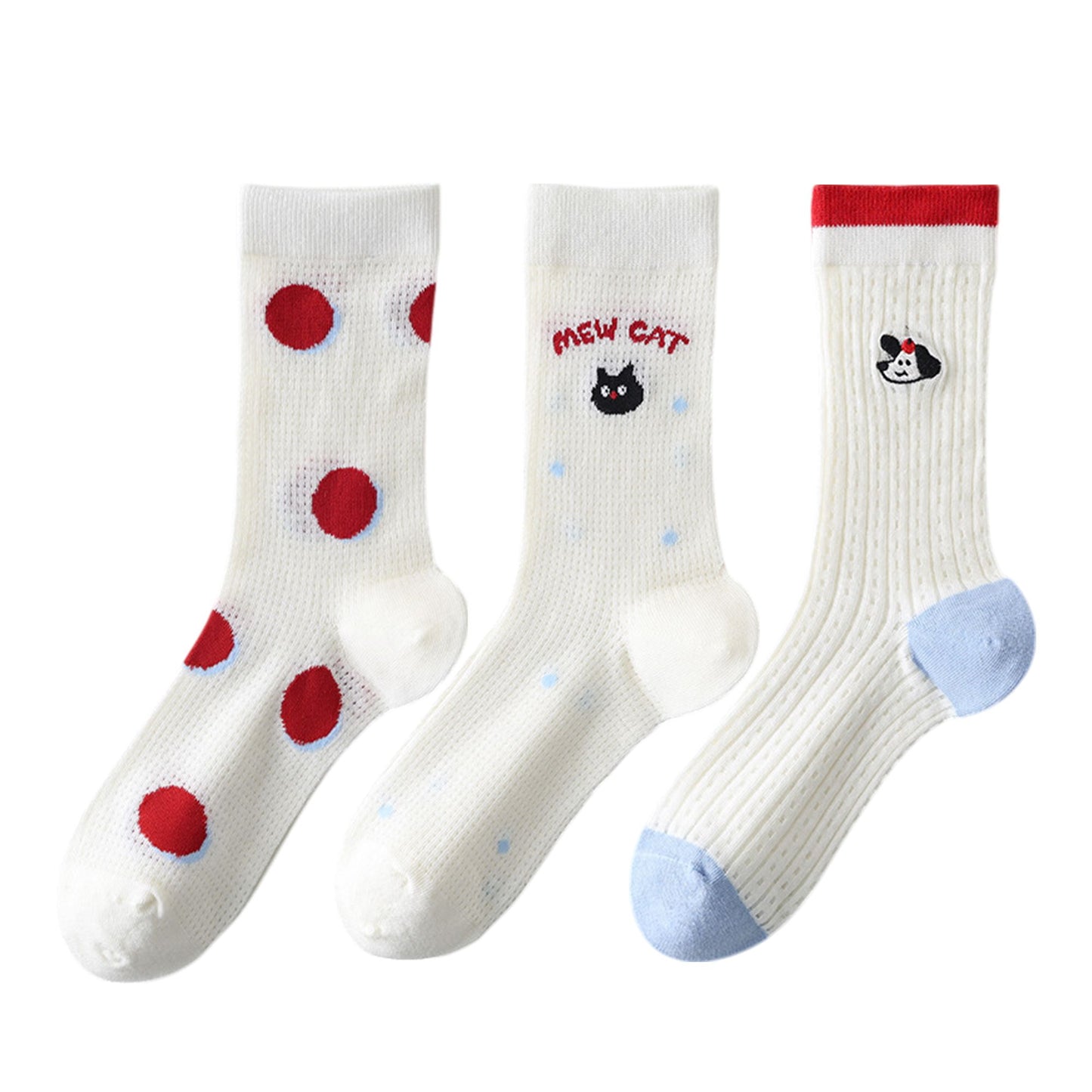 Womens Cute Cartoon Embroidered Crew Socks 3-Pair Pack Fun Patterned Cotton Knit Soft and Stretchy Casual Style