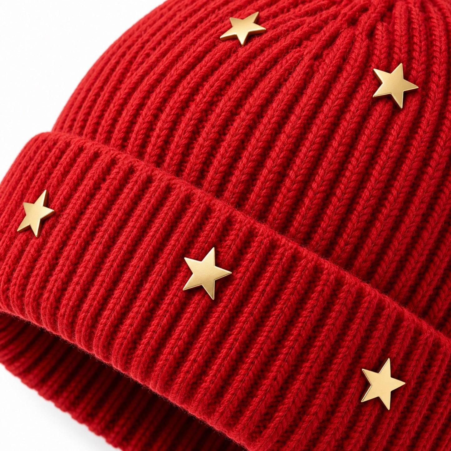 Star Stud Ribbed Knit Beanie Cuffed Winter Hat