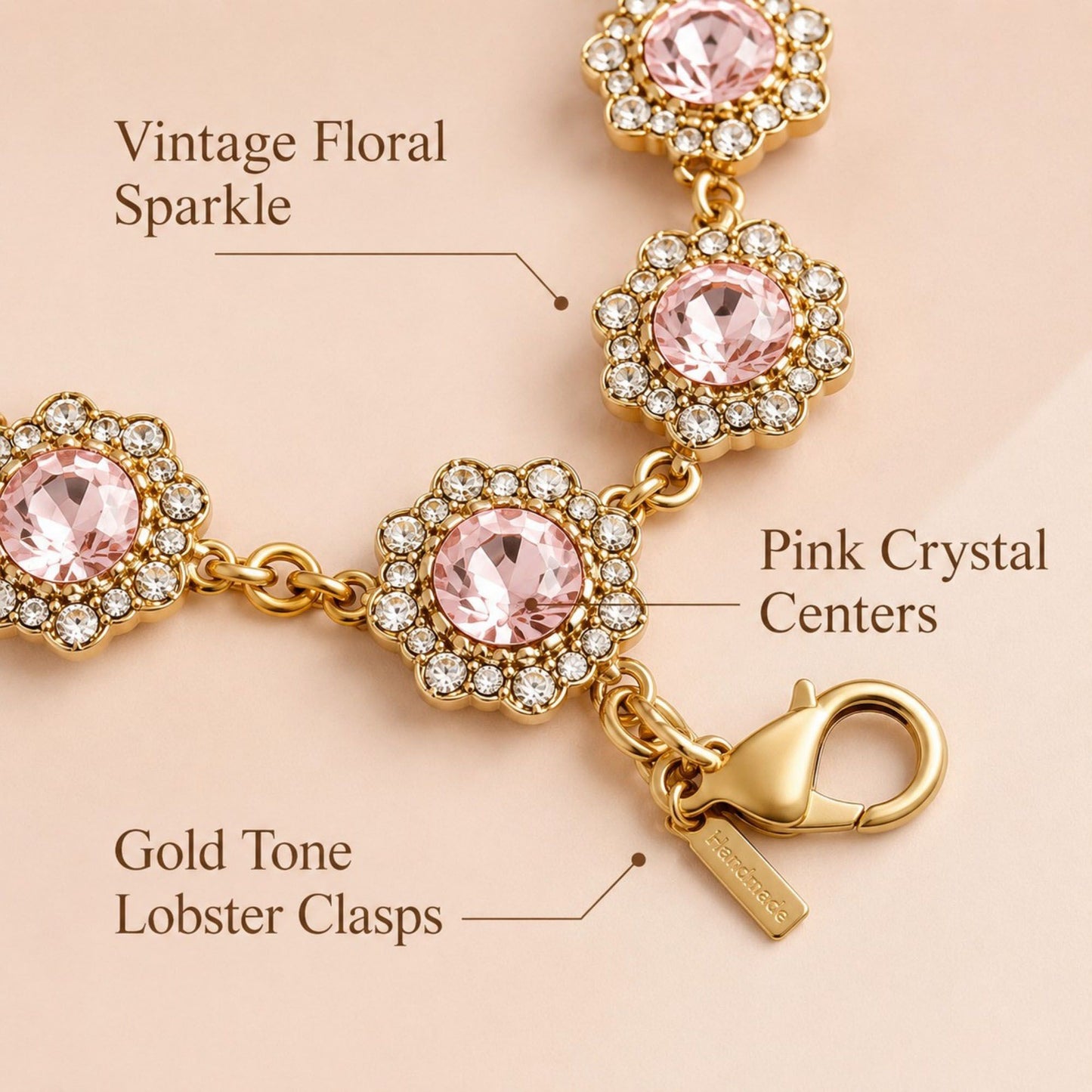 Pink Rhinestone Flower Bag Chain Purse Charm with Gold Tone Clips