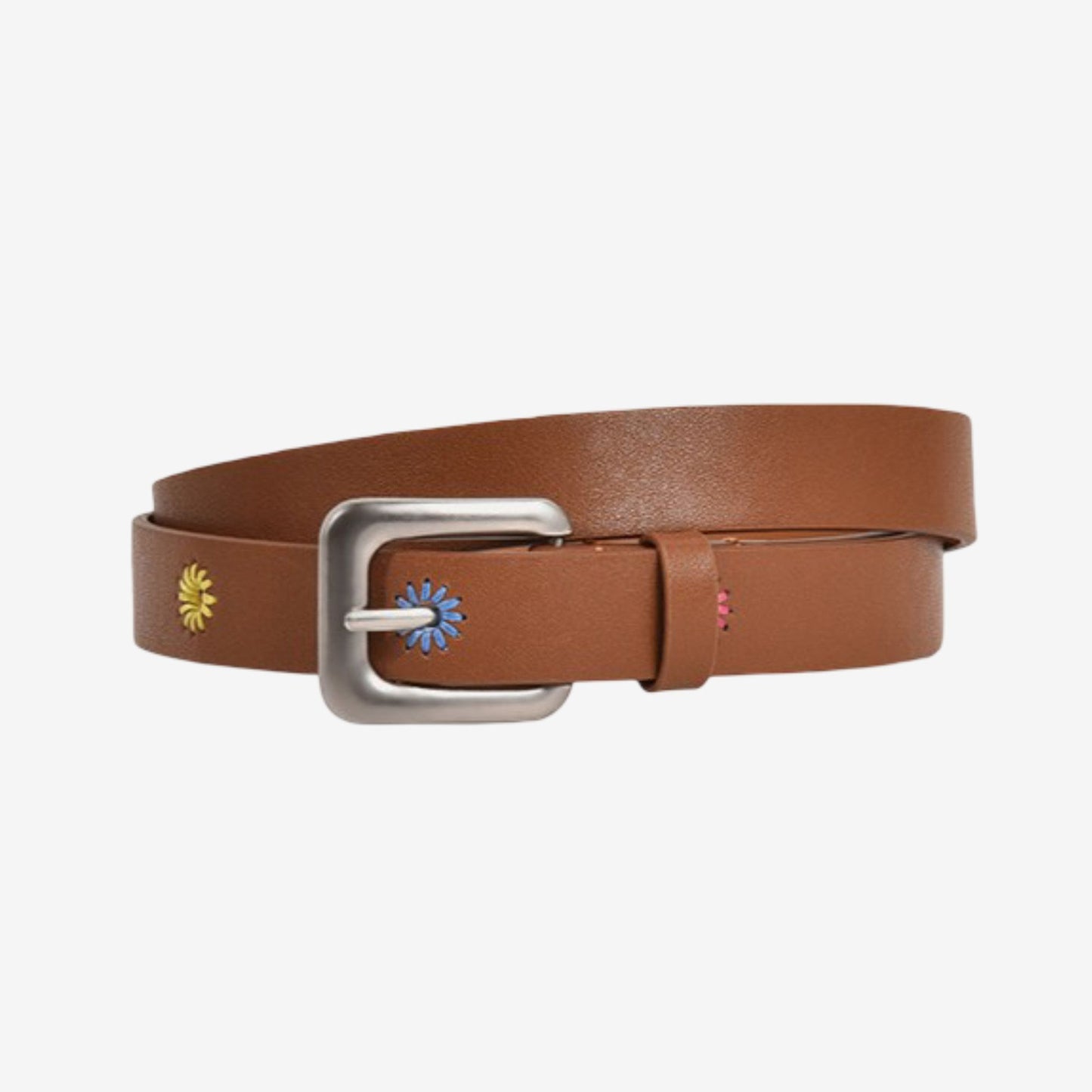 Genuine Leather Belt with Daisy Embroidery and Square Buckle 41.3in