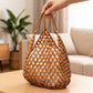 Wooden Beaded Tote Bag with Inner Pouch Handmade Open Weave Shoulder Handbag Lightweight Carryall