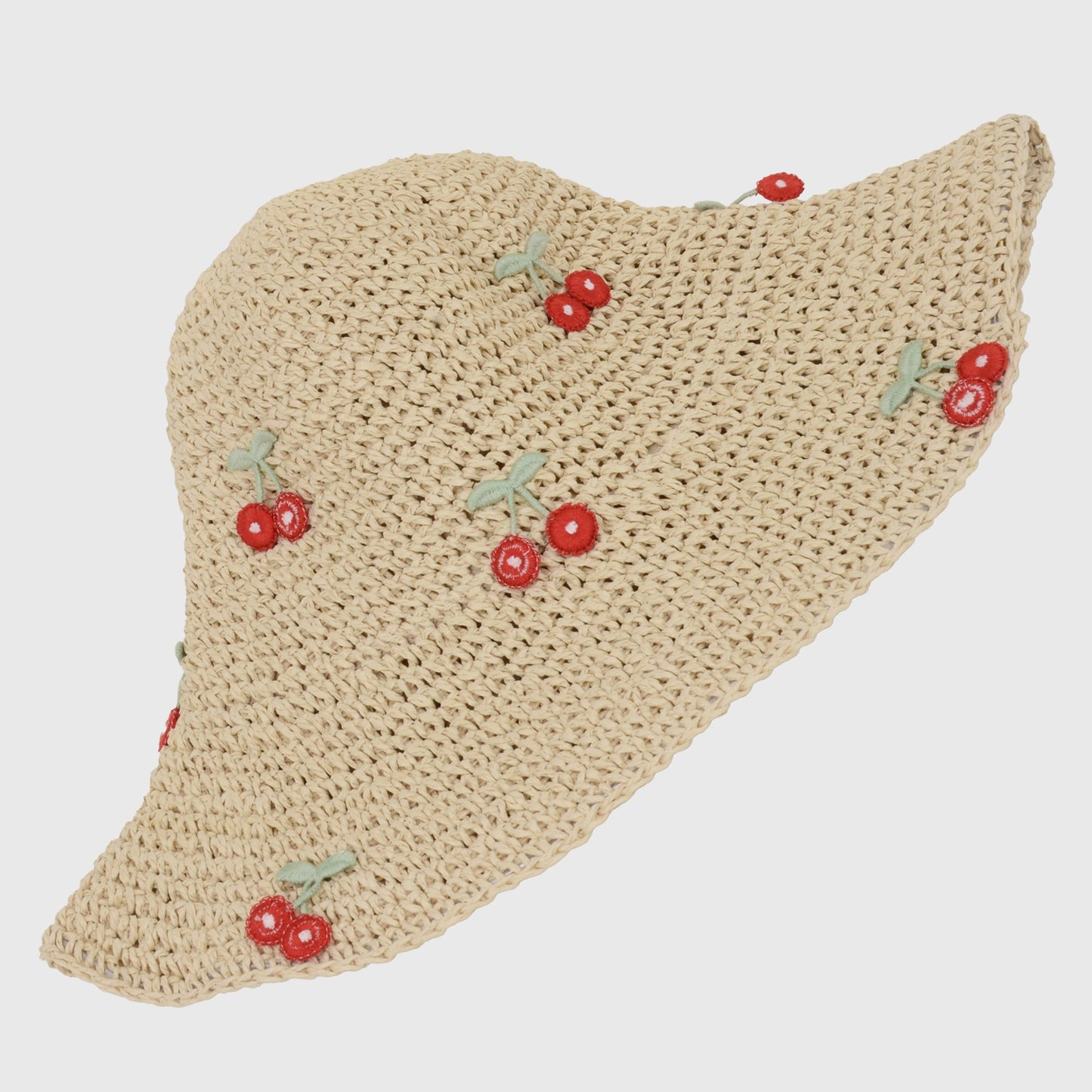Straw Bucket Hat with Cherry Embellishments