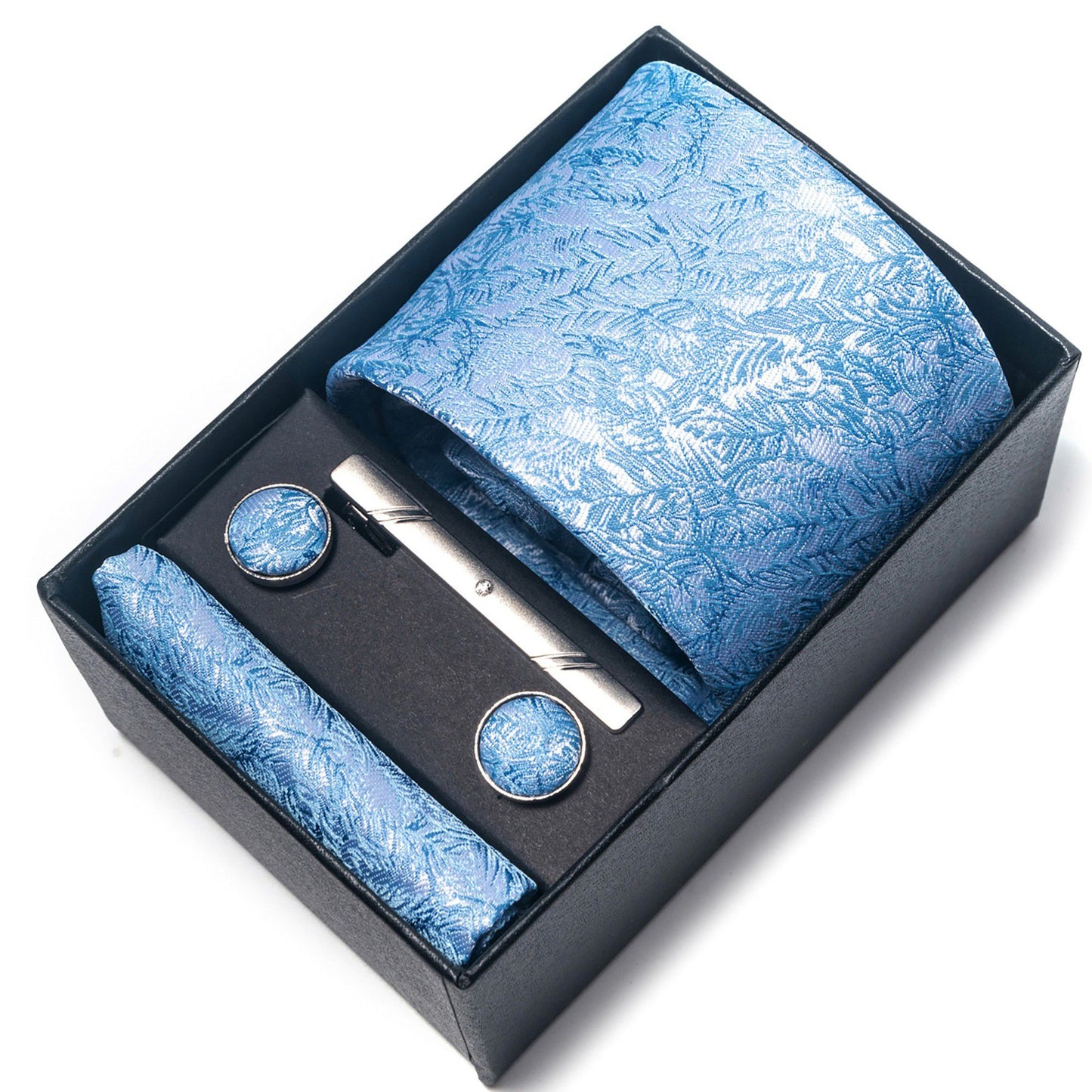 Men's Paisley Floral Tie Gift Set with Matching Pocket Square Cufflinks and Silver Tie Clip