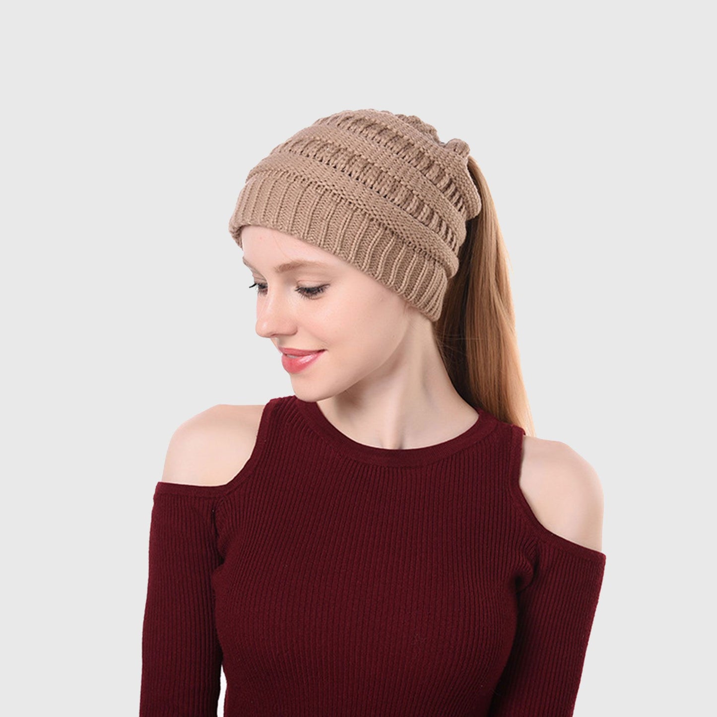 Ponytail Beanie Hats - Acrylic Knit Stretchable Messy Bun Skull Cap for Winter & Casual Wear
