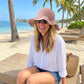 Crochet Wide Brim Sun Hat with Floral Accent Scalloped Edge and Chin Strap
