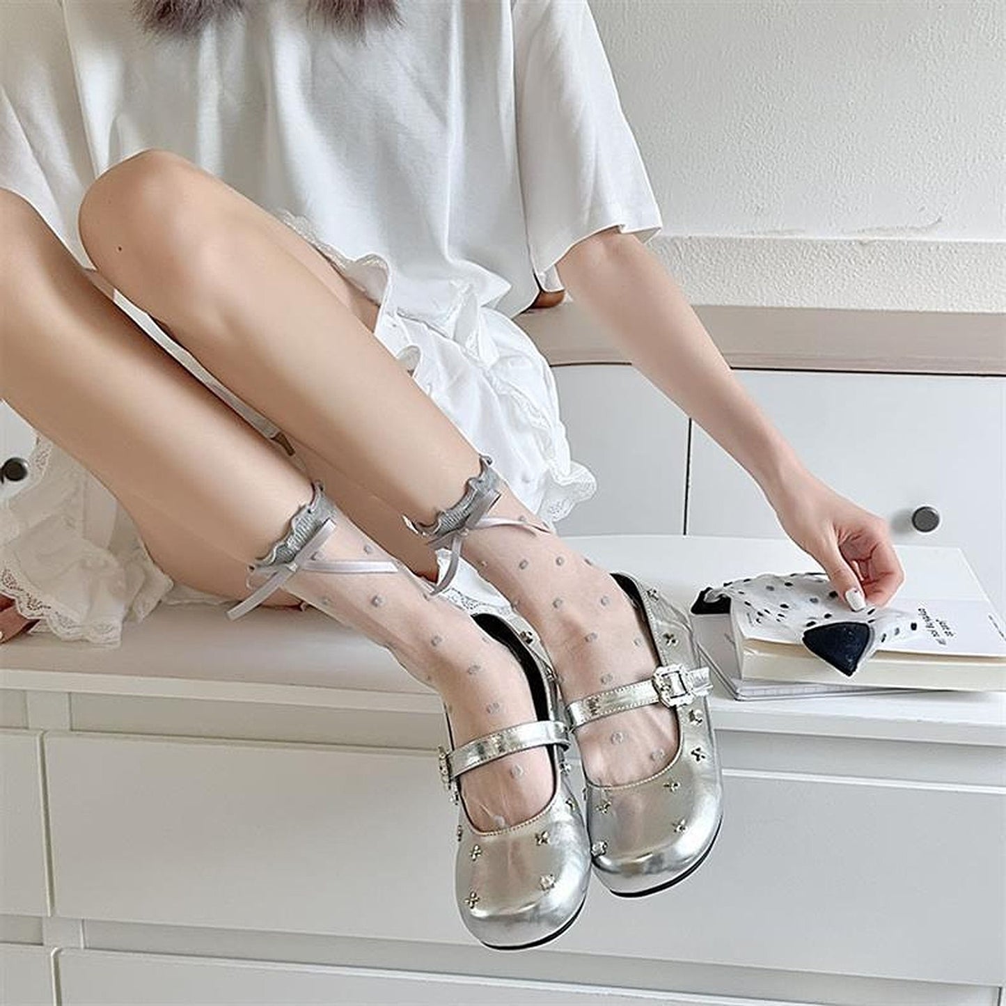 Sheer Polka Dot Ankle Socks with Bow Detail 6pk