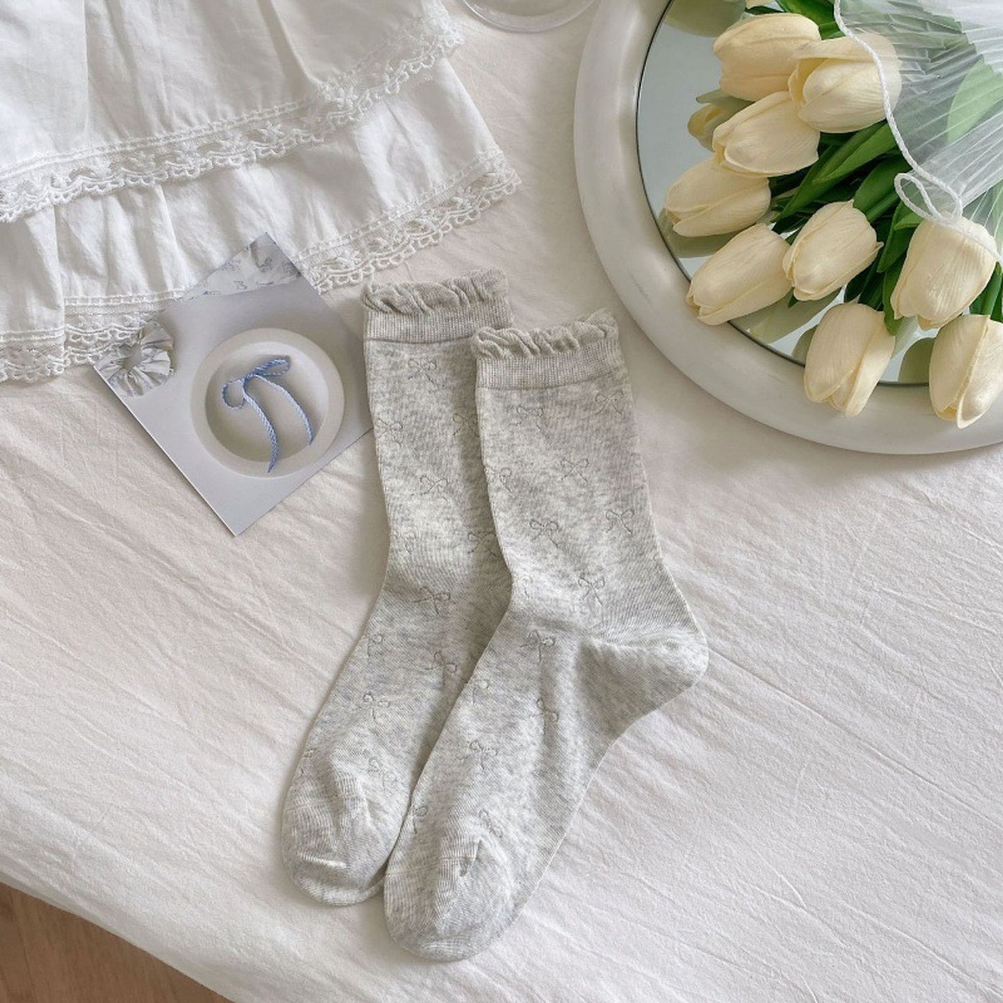 Bow-Patterned Ruffle-Cuff Ankle Socks 6pk