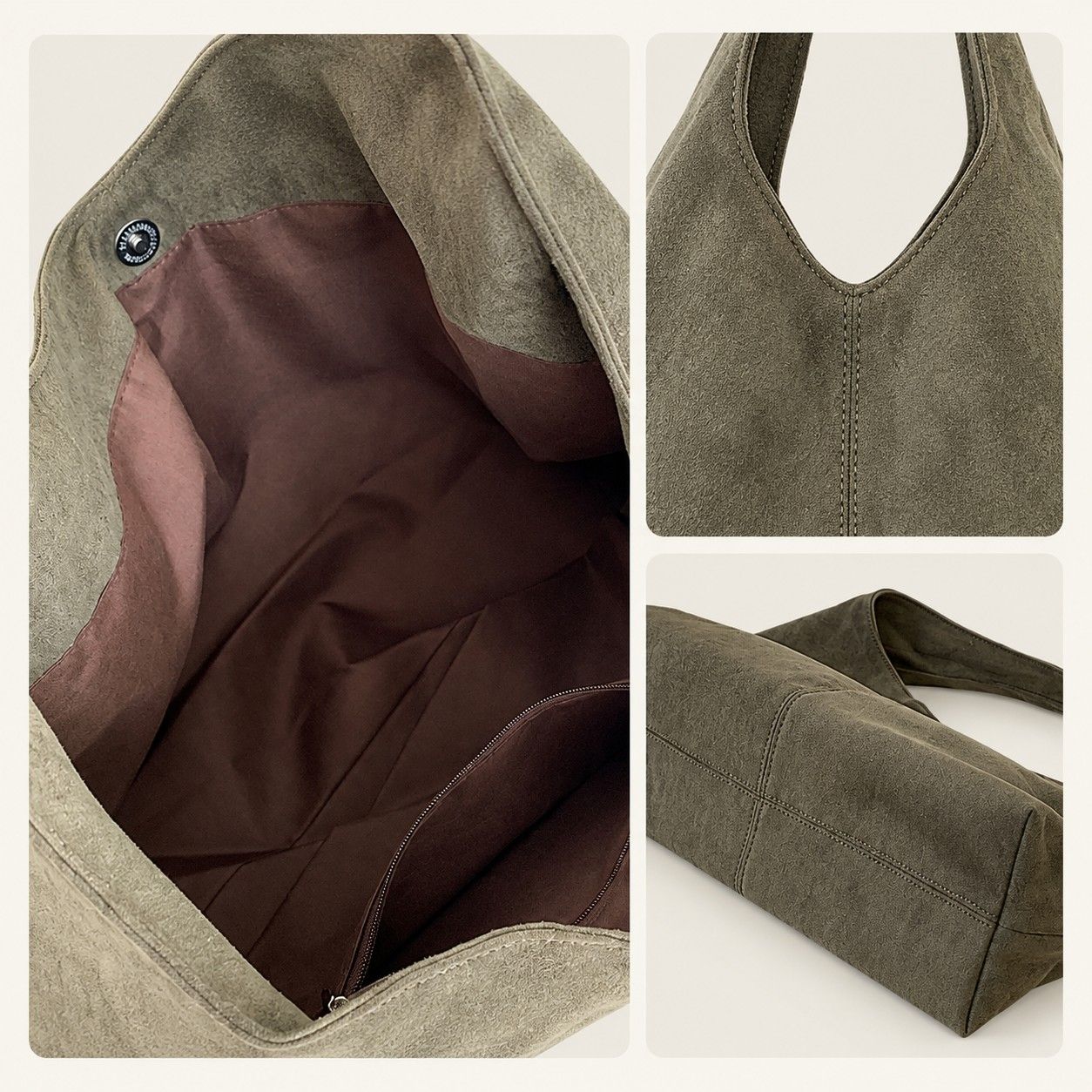 Large Faux Suede Hobo Shoulder Bag with Magnetic Closure and Interior Zip Pocket
