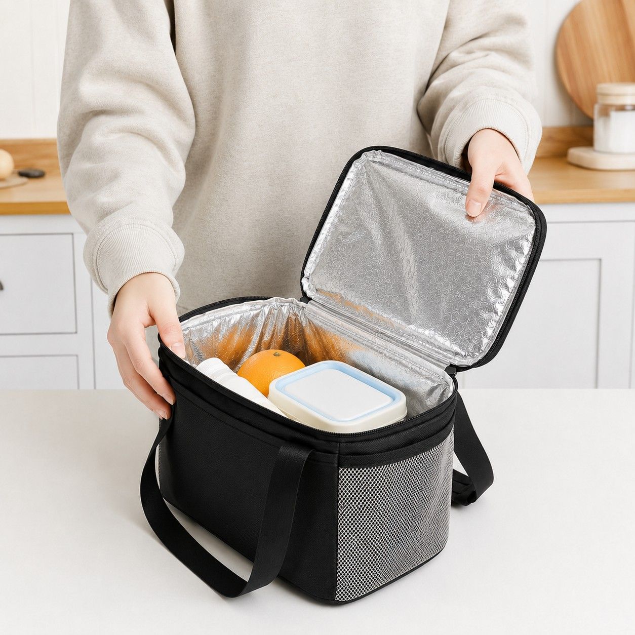 Insulated Lunch Tote Bag with Front Pocket Mesh Side Pockets and Dual Zipper