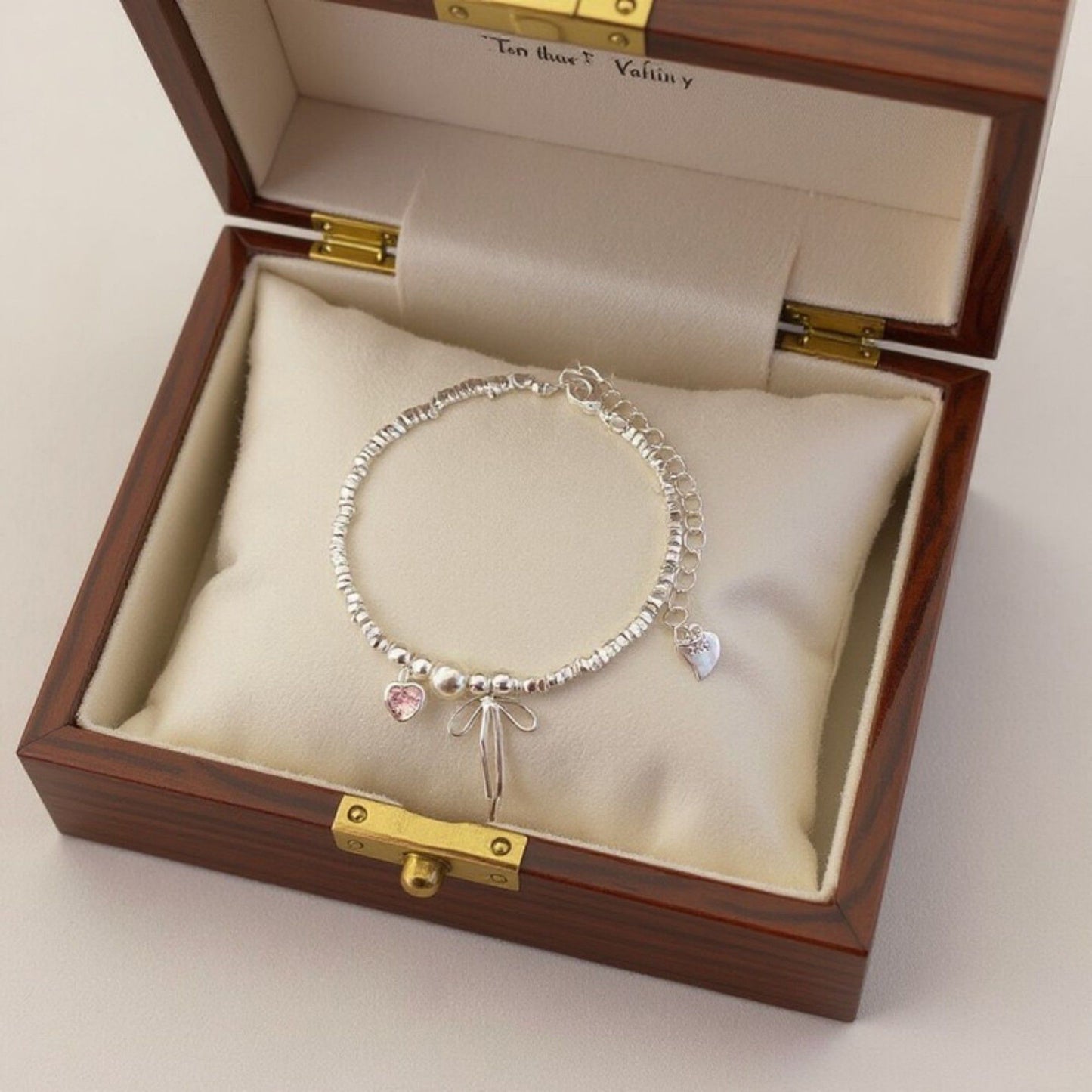 Women's Beaded Bracelet with Heart and Bow Charms Adjustable Chain Design