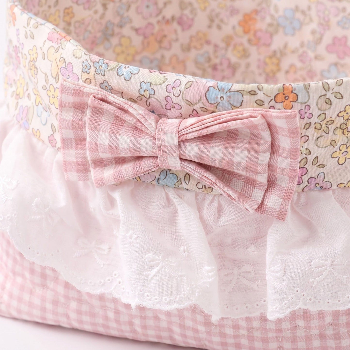 Floral Gingham Quilted Storage Basket with Lace Eyelet Ruffle & Bow