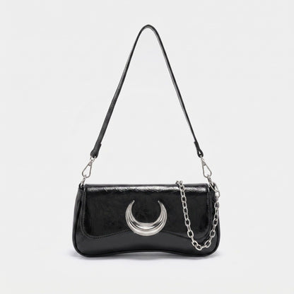 Glossy Crescent Accent Flap Shoulder Bag with Chain Detail