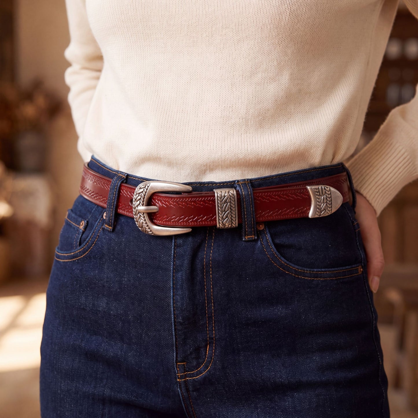 Waist Belt with Gold Tone Decorative Clasp for Dresses 37.8 in