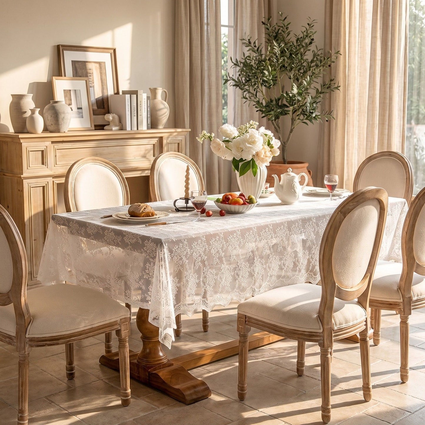 Off White Floral Lace Square Tablecloth with Scalloped Edges 55.1x55.1in