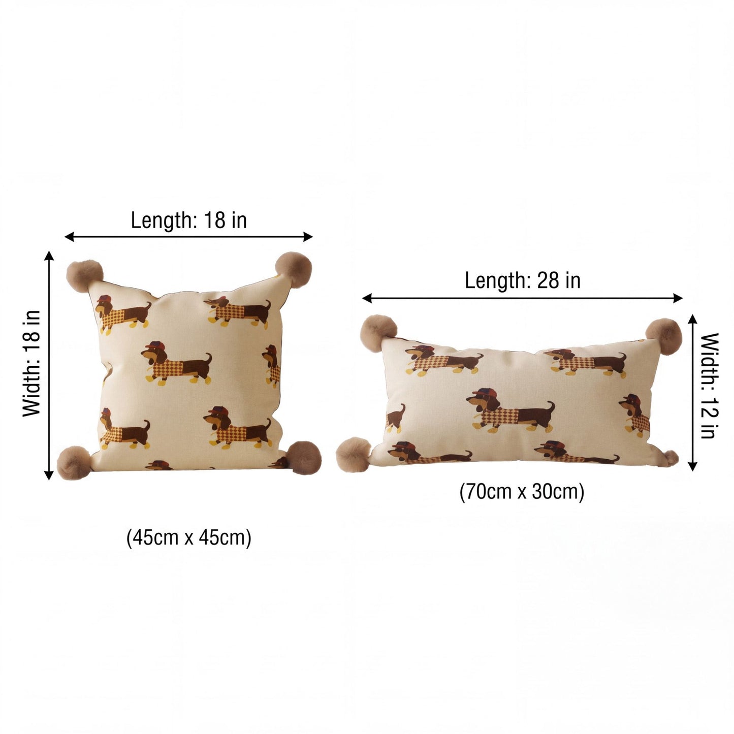 Dachshund Dog Print Decorative Throw Pillow Cover with Pom Pom Corners and Hidden Zipper