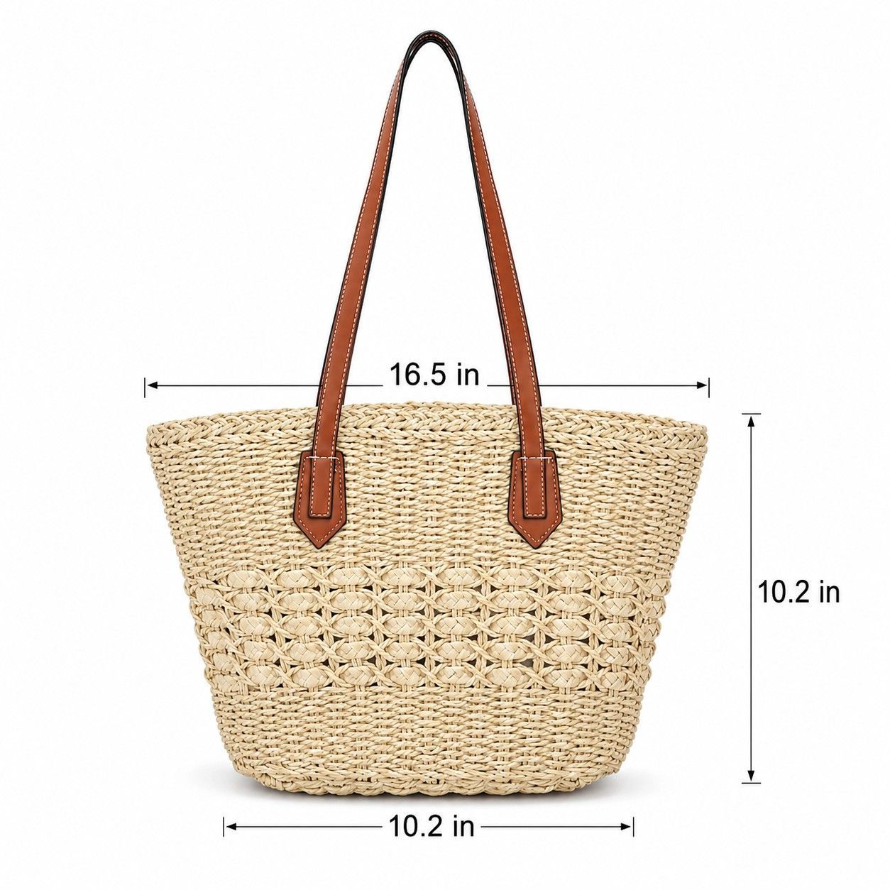Woven Straw Tote Bag with Zip Closure Small Interior Pocket and Leather Handles