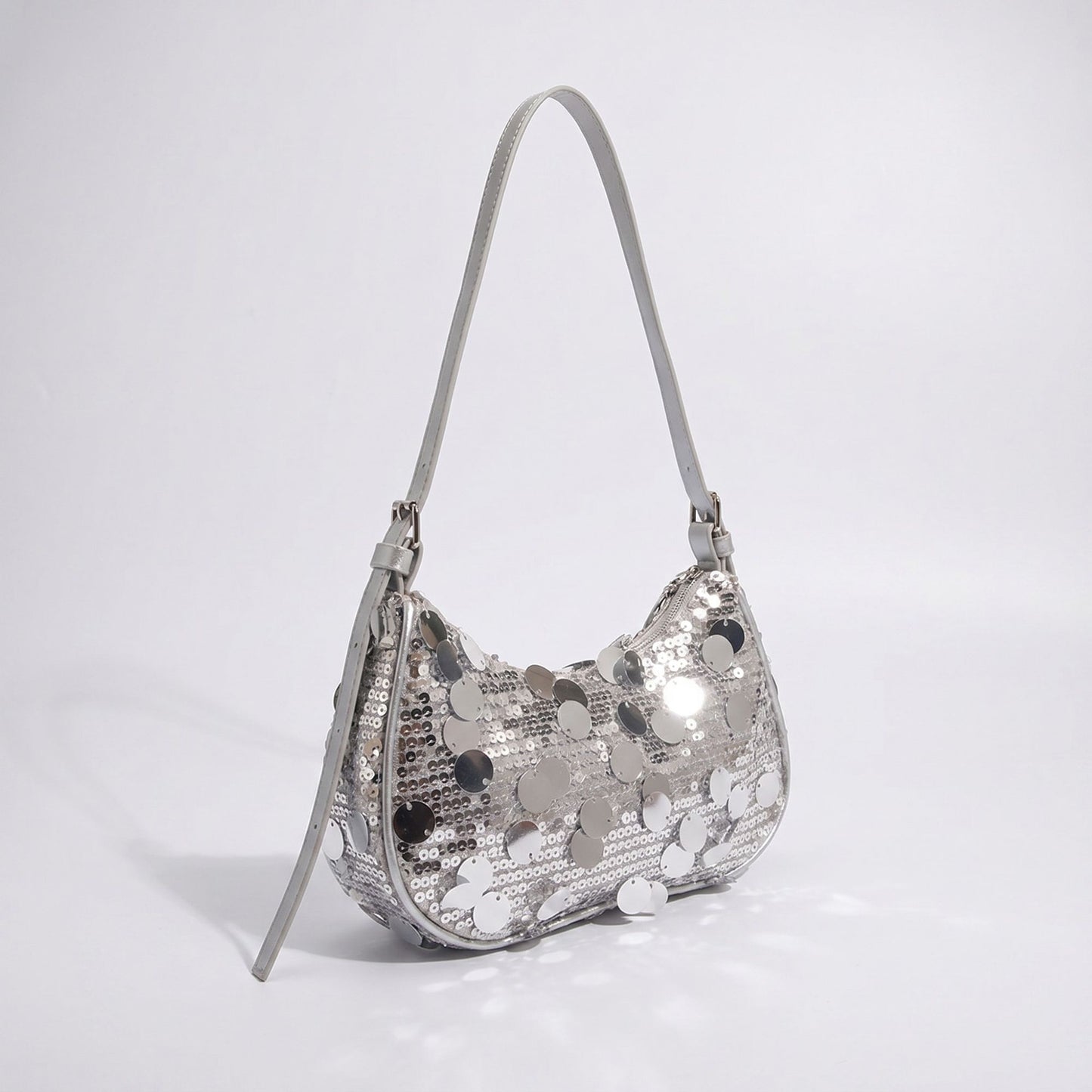 Sequin Crescent Shoulder Bag with Disc Paillette Details and Slim Strap
