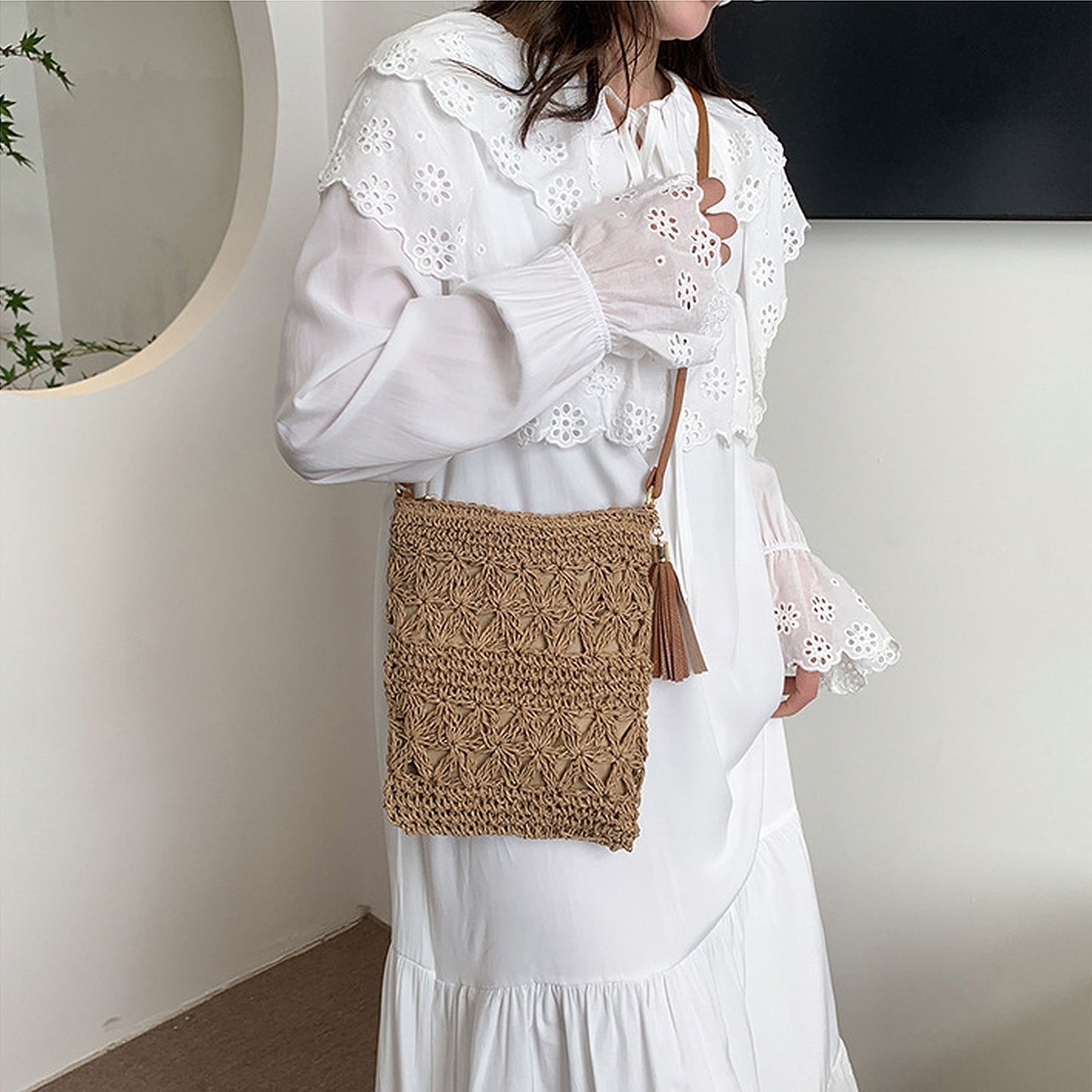 Women's Bohemian Crochet Shoulder Bag with Leather Straps
