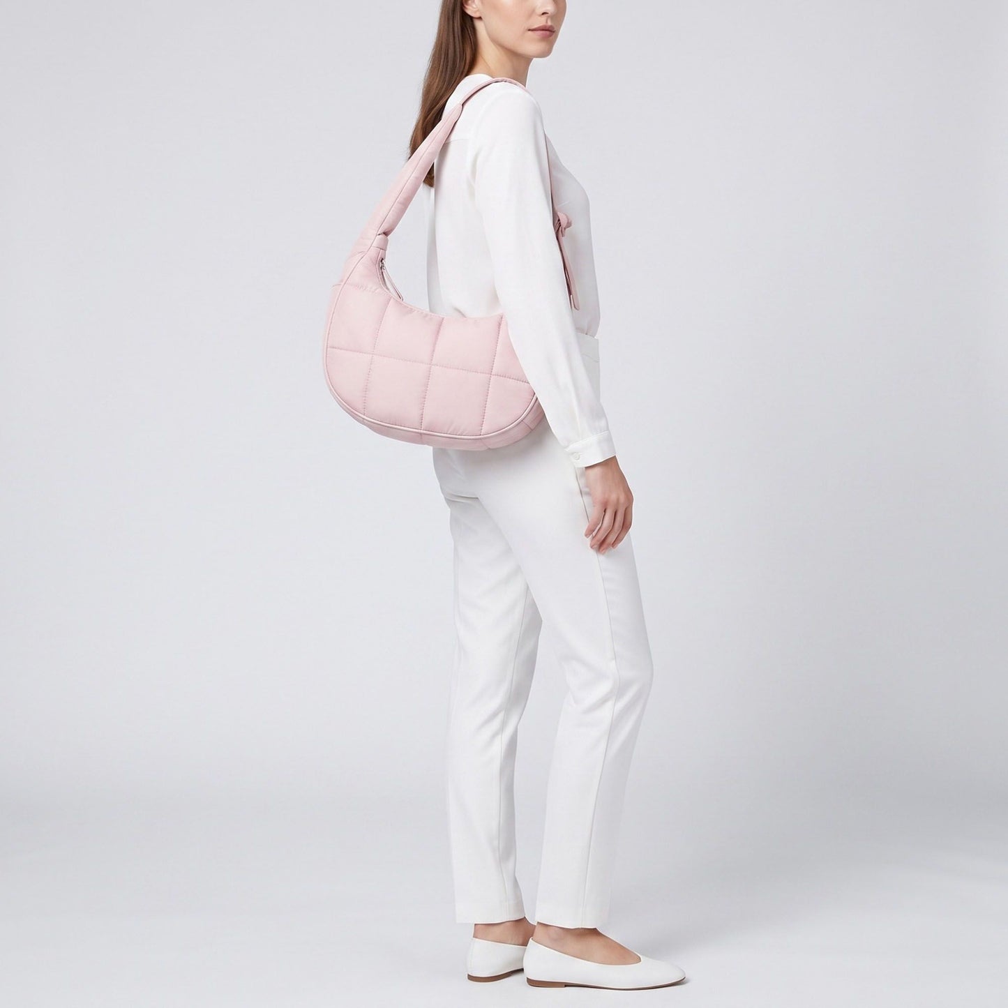 Quilted Hobo Shoulder Bag with Adjustable Strap and Side Pockets 10x4x6.5in