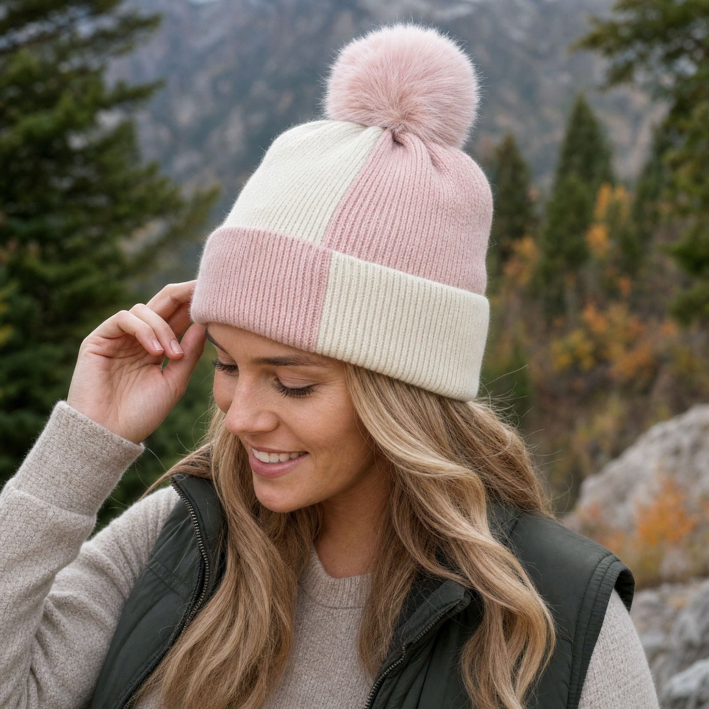 Color Block Knit Beanie Winter Hat with Pom and Plush Lining