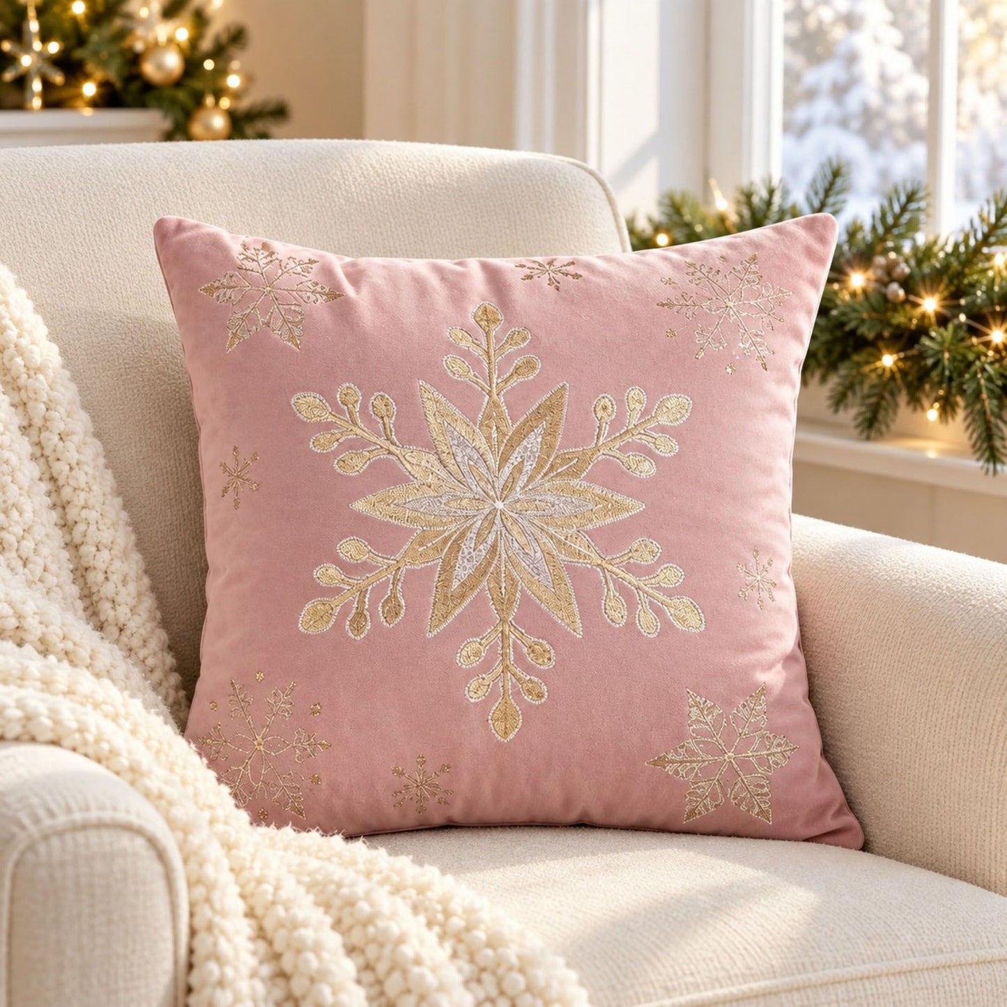 Snowflake Embroidered Decorative Throw Pillow Cover (Single Piece)