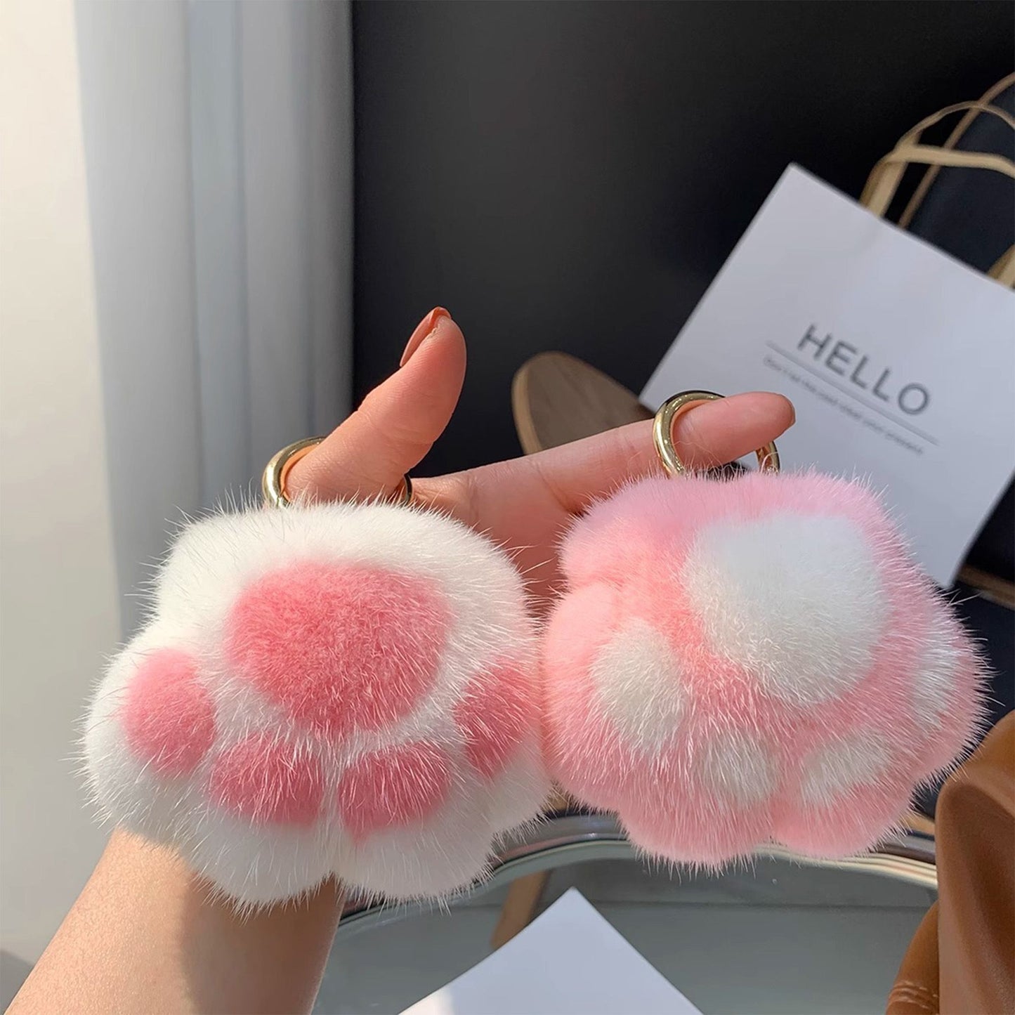 2-PC Plush Paw Print Faux Fur Keychain with Metal Clip