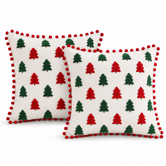 2 Pack Christmas Tree Pom Pom Decorative Throw Pillow Covers