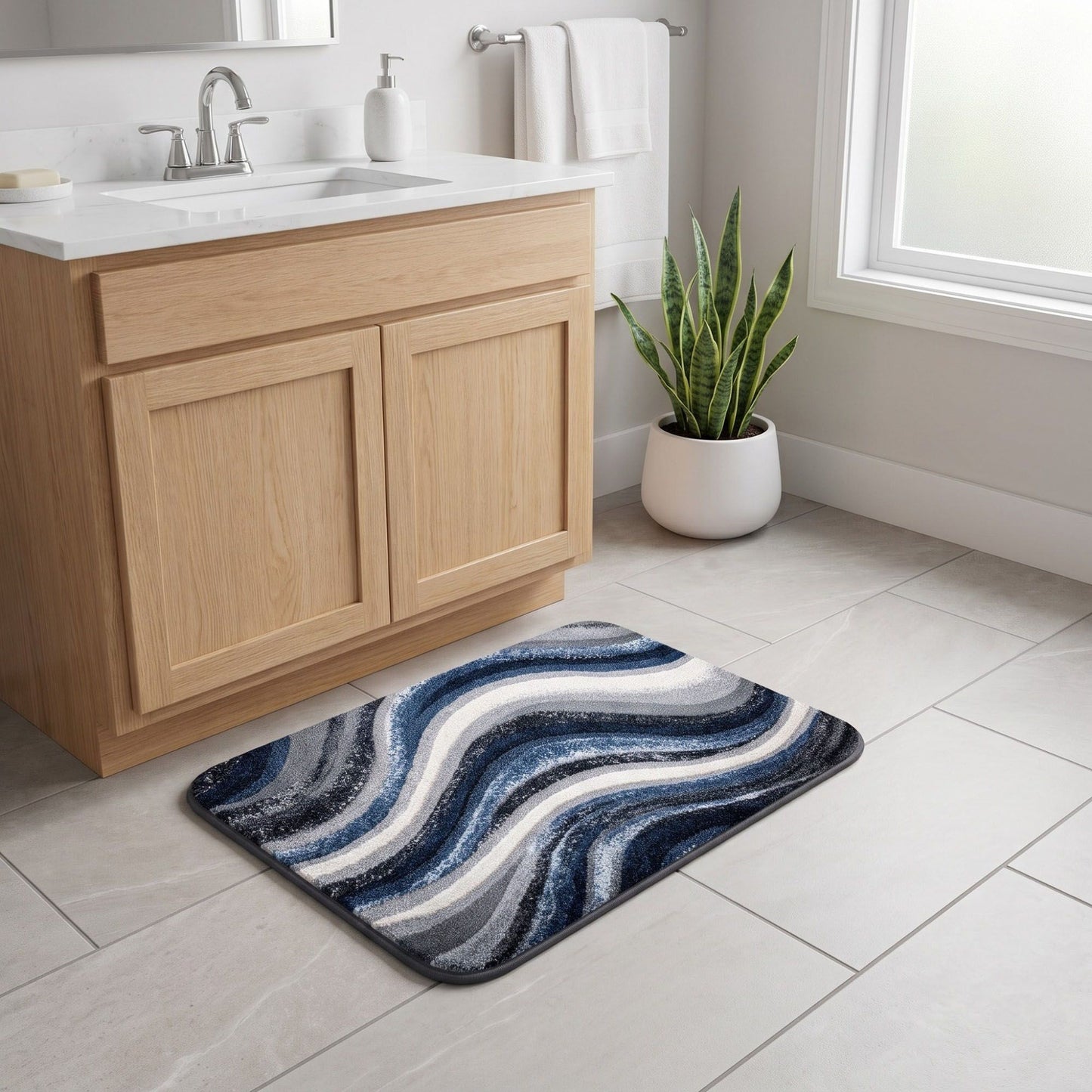 Abstract Navy Blue Wave Plush Bathroom Mat with Swirling Line Design