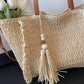 Fringe Woven Tote Bag with Detachable Strap Zip Closure and Tassel Accent