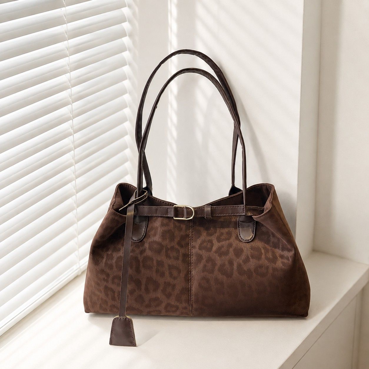 Leopard Print Shoulder Tote Bag with Magnetic Closure Buckle Detail and Tassel