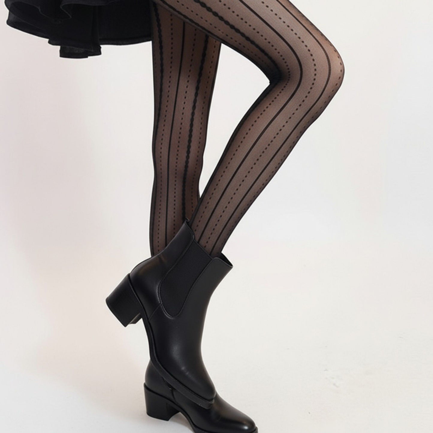 Sheer Vertical Stripe Tights with Scalloped Pattern Detailing and Stretch Fit