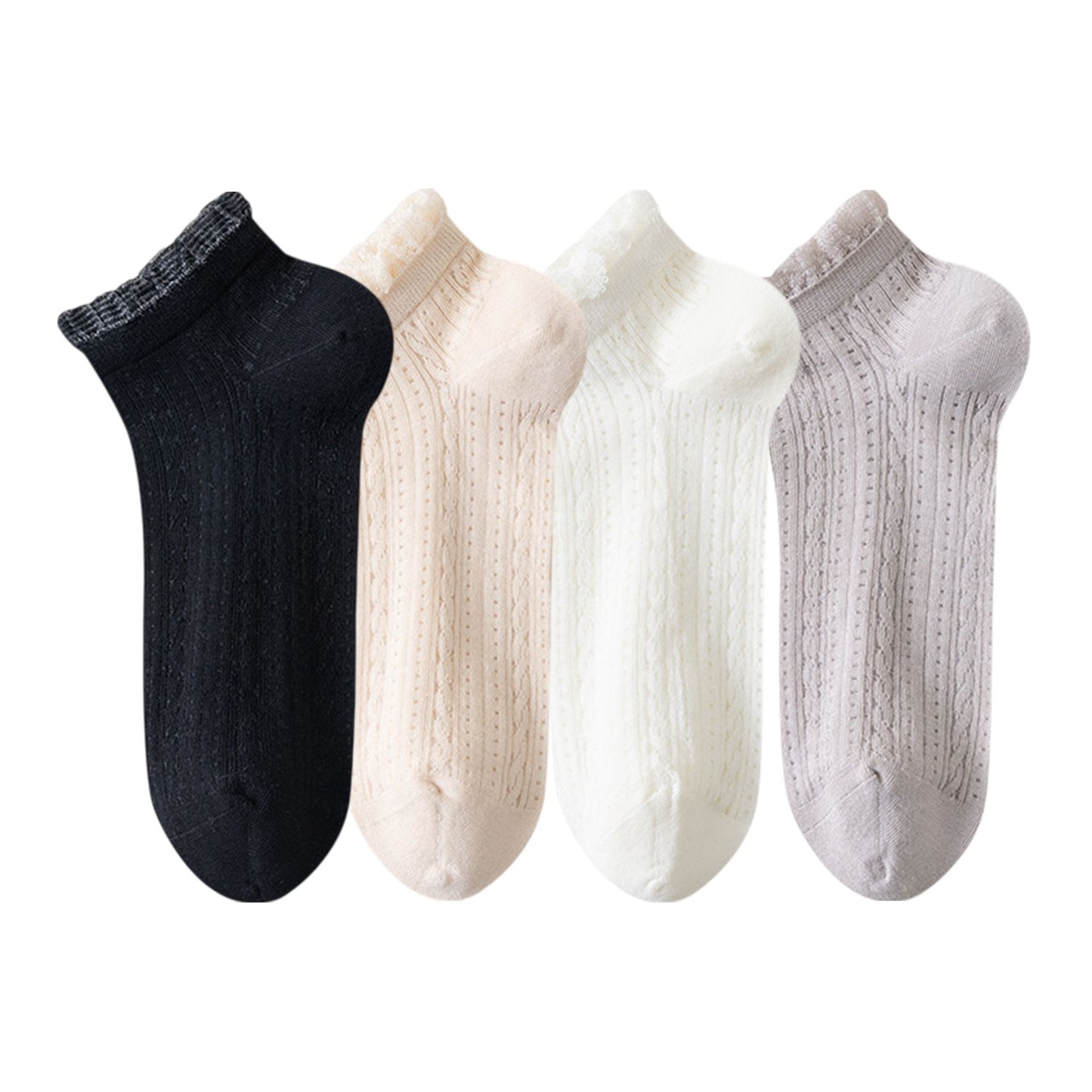4-Pair Pack Breathable Lace Trim Ankle Socks with Open Knit Mesh Texture and Cotton Comfort