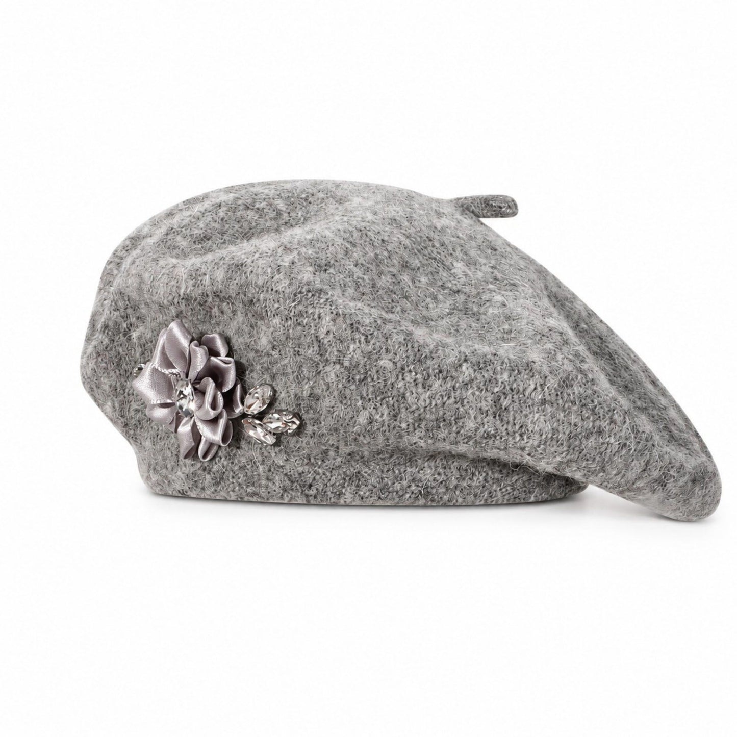 Rhinestone & Flower Embellished Knit Wool Beret