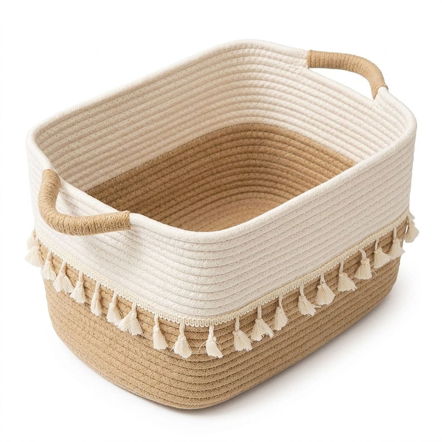 Rope Storage Basket with Tassel Trim and Handles