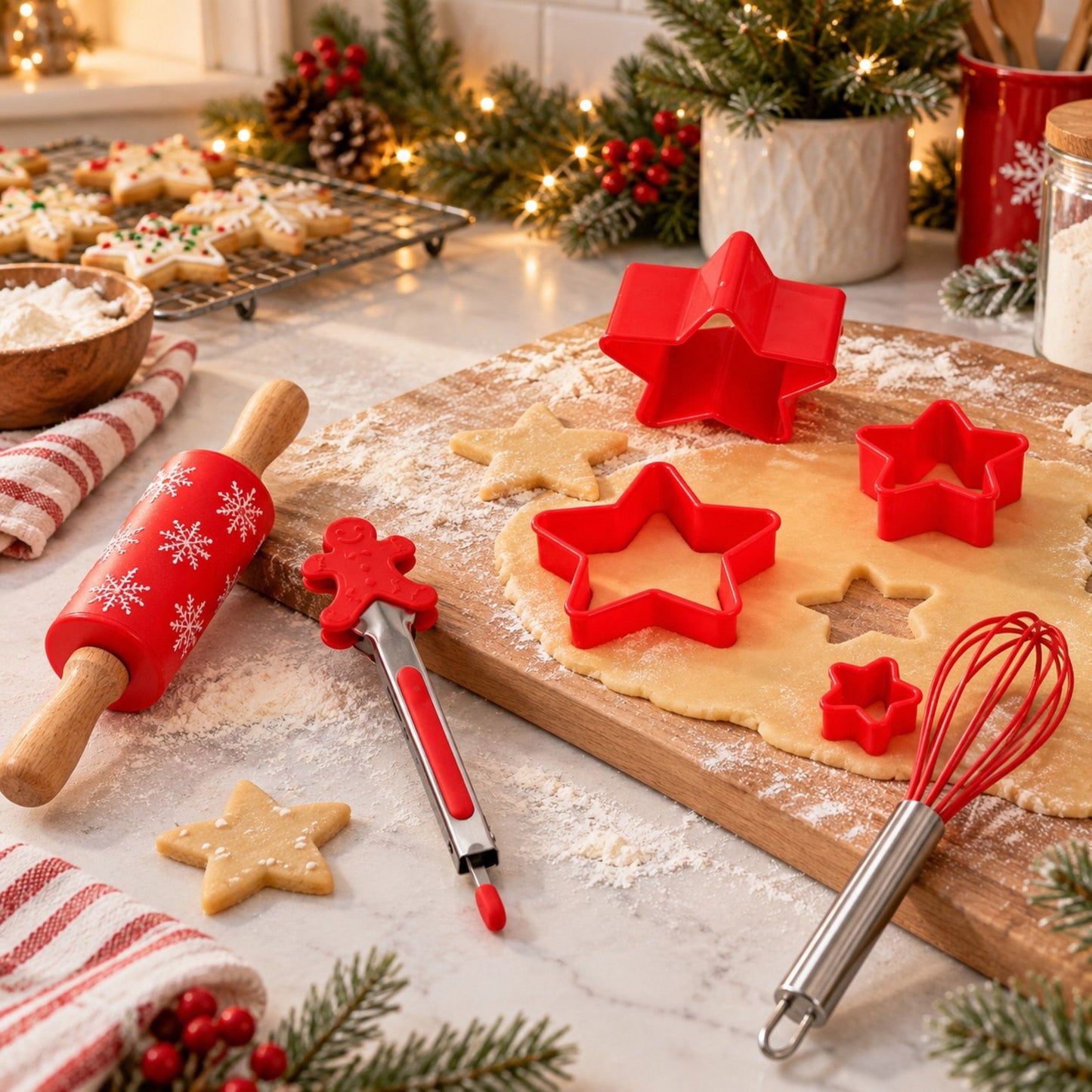 Christmas Baking Tool Set with Rolling Pin Whisk Tongs and Cookie Cutters