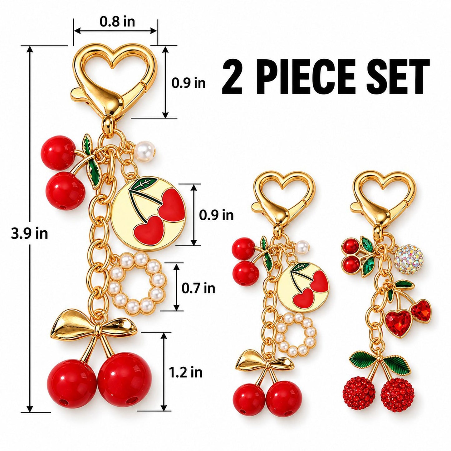 Crystal Cherry Bag Charm Gold-Tone Fruit Keychain Set