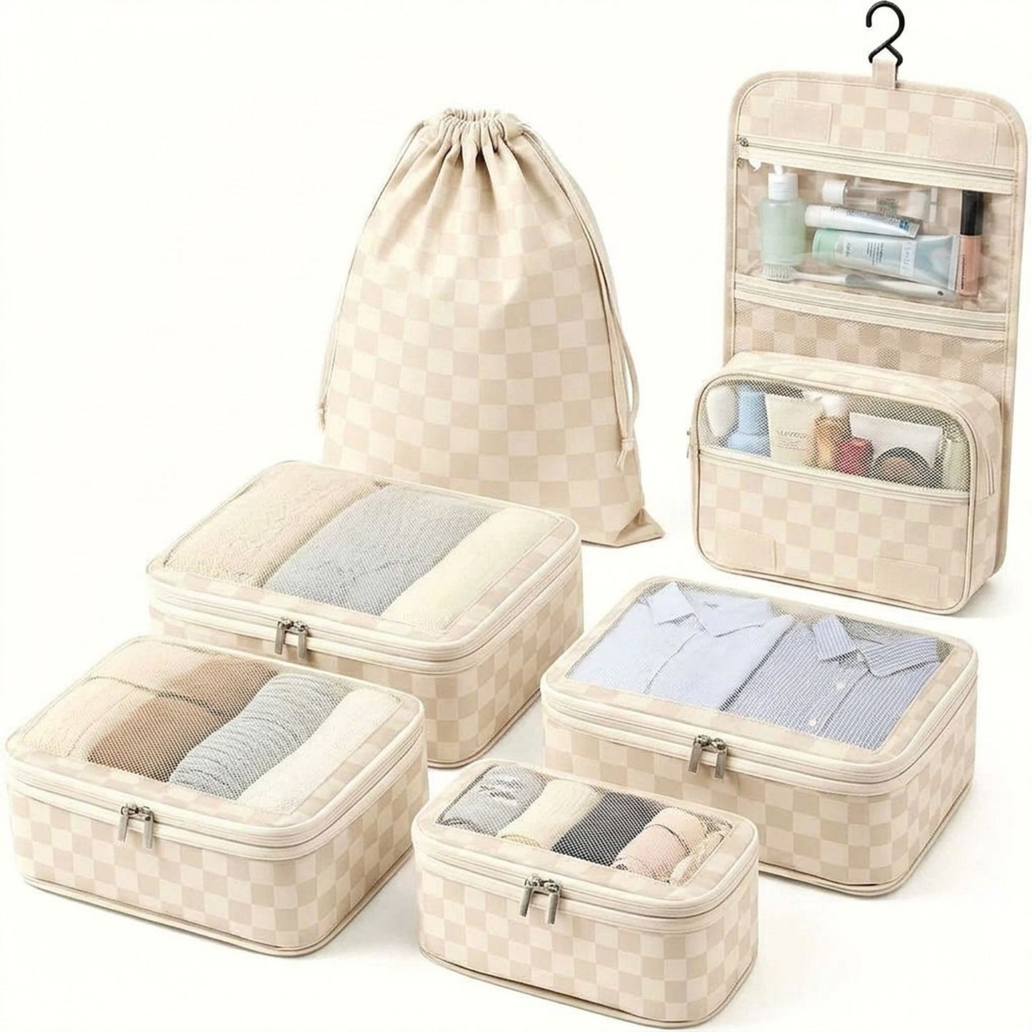 6 Piece Travel Packing Cube Set with Hanging Toiletry Bag