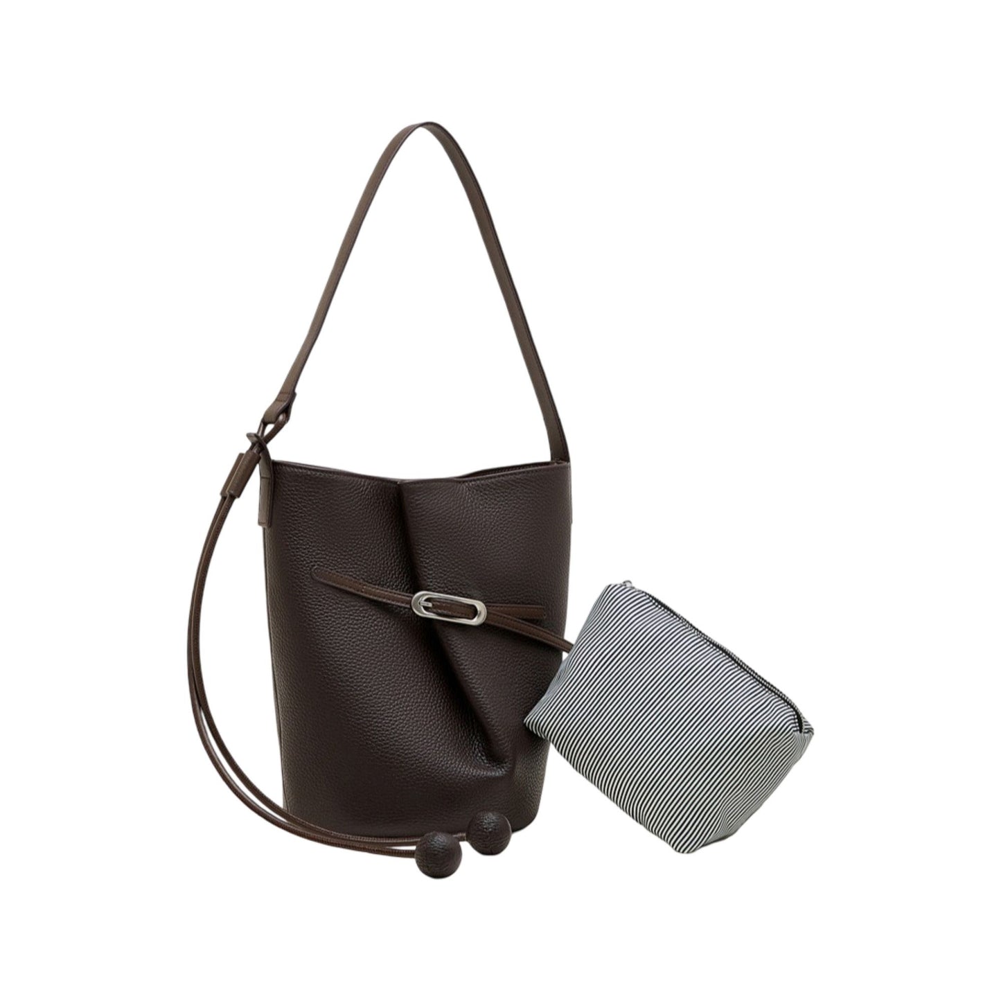 Pebbled Leather Bucket Shoulder Tote with Adjustable Buckle Accent and Open Top Design