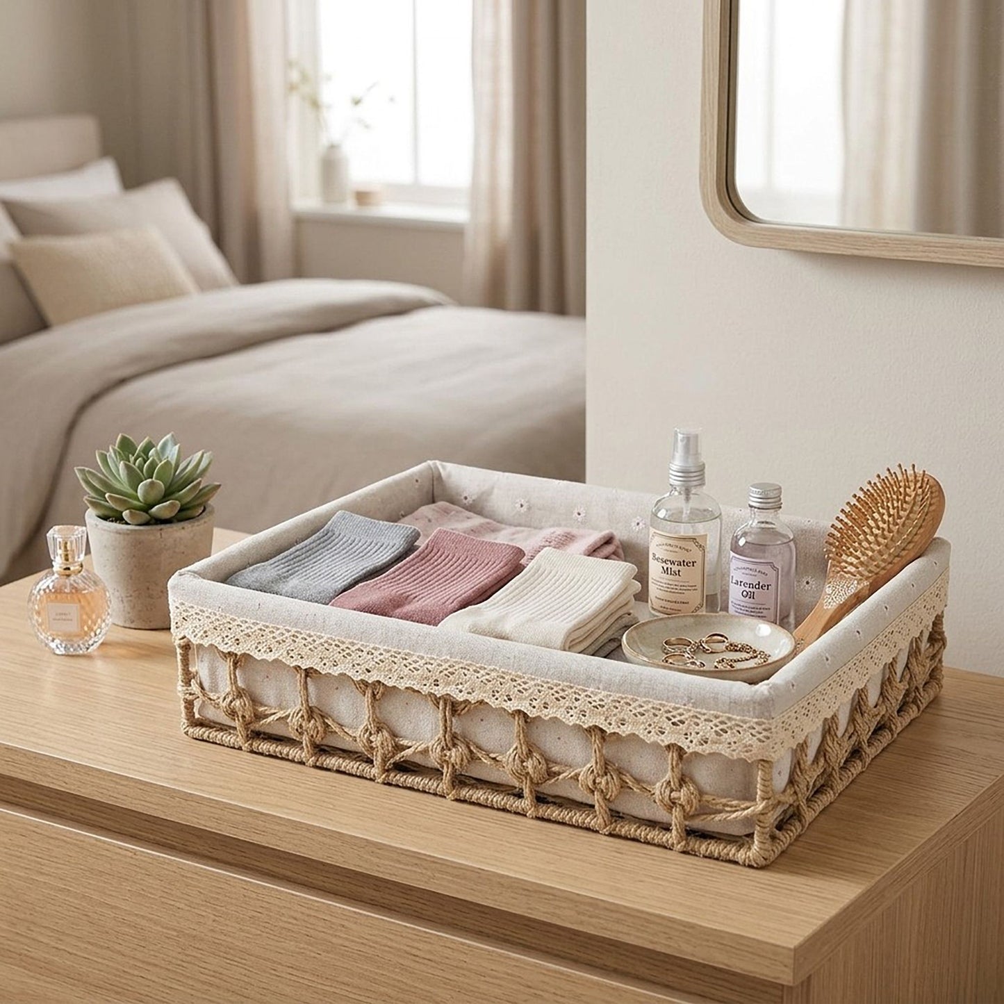 Rectangular Storage Basket with Fabric Lining and Lace Trim