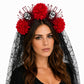Halloween Floral Skull Headband with Spiderweb Lace Veil