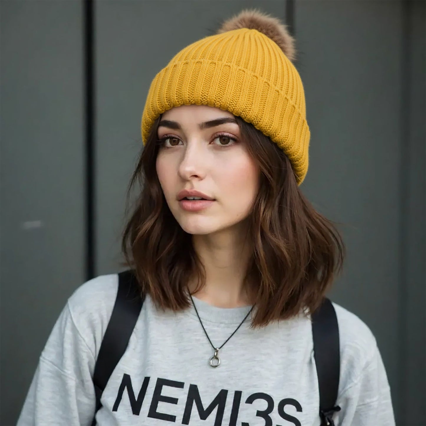 Cable Knit Beanie with Faux Fur Pom-Pom - Warm Stretchy Winter Hat for Casual Daily Wear
